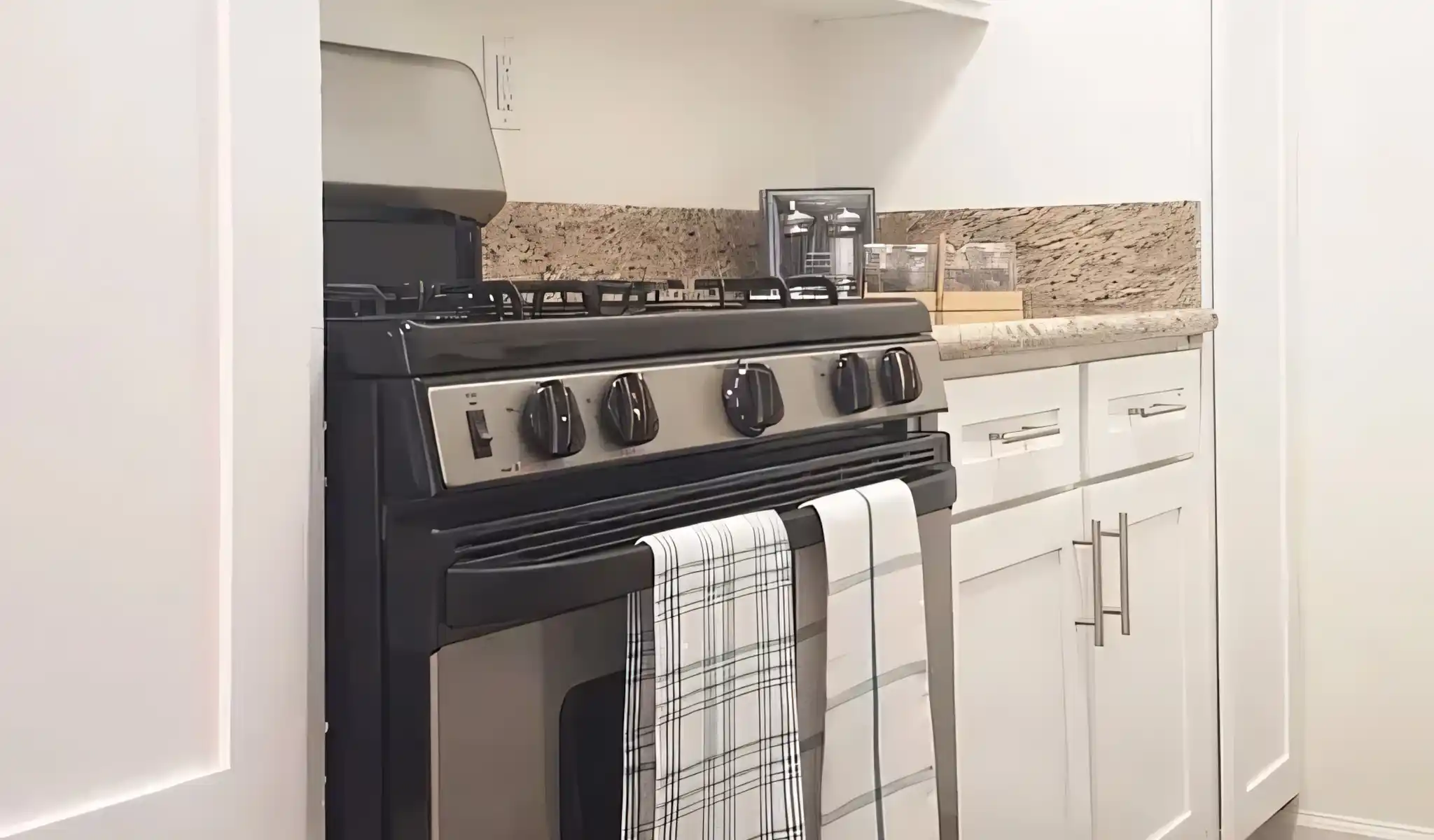 Burke Apartments modern kitchen with stainless steel gas range